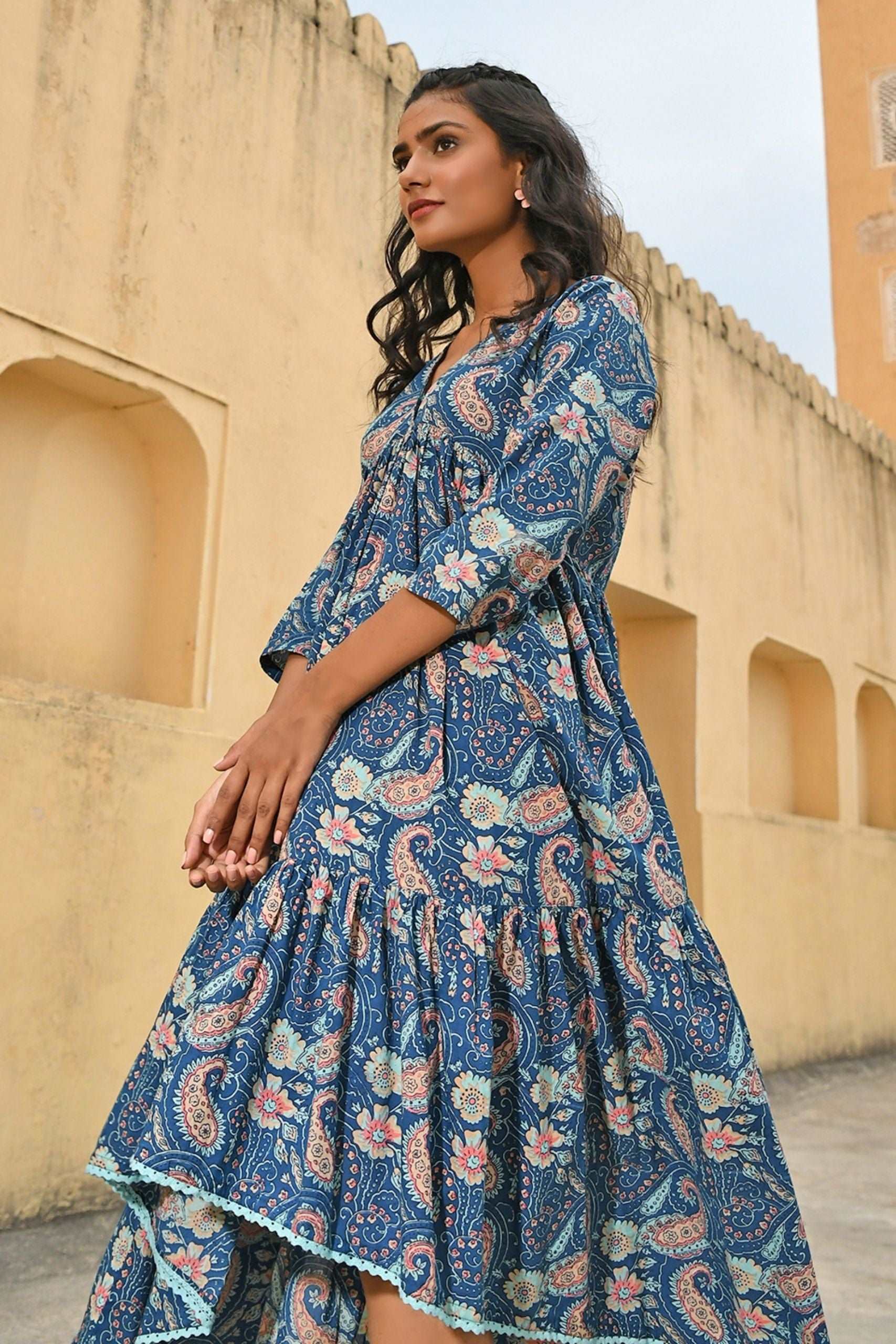 Teal Cotton Floral Print High Low Western Dress - Style Like A Diva