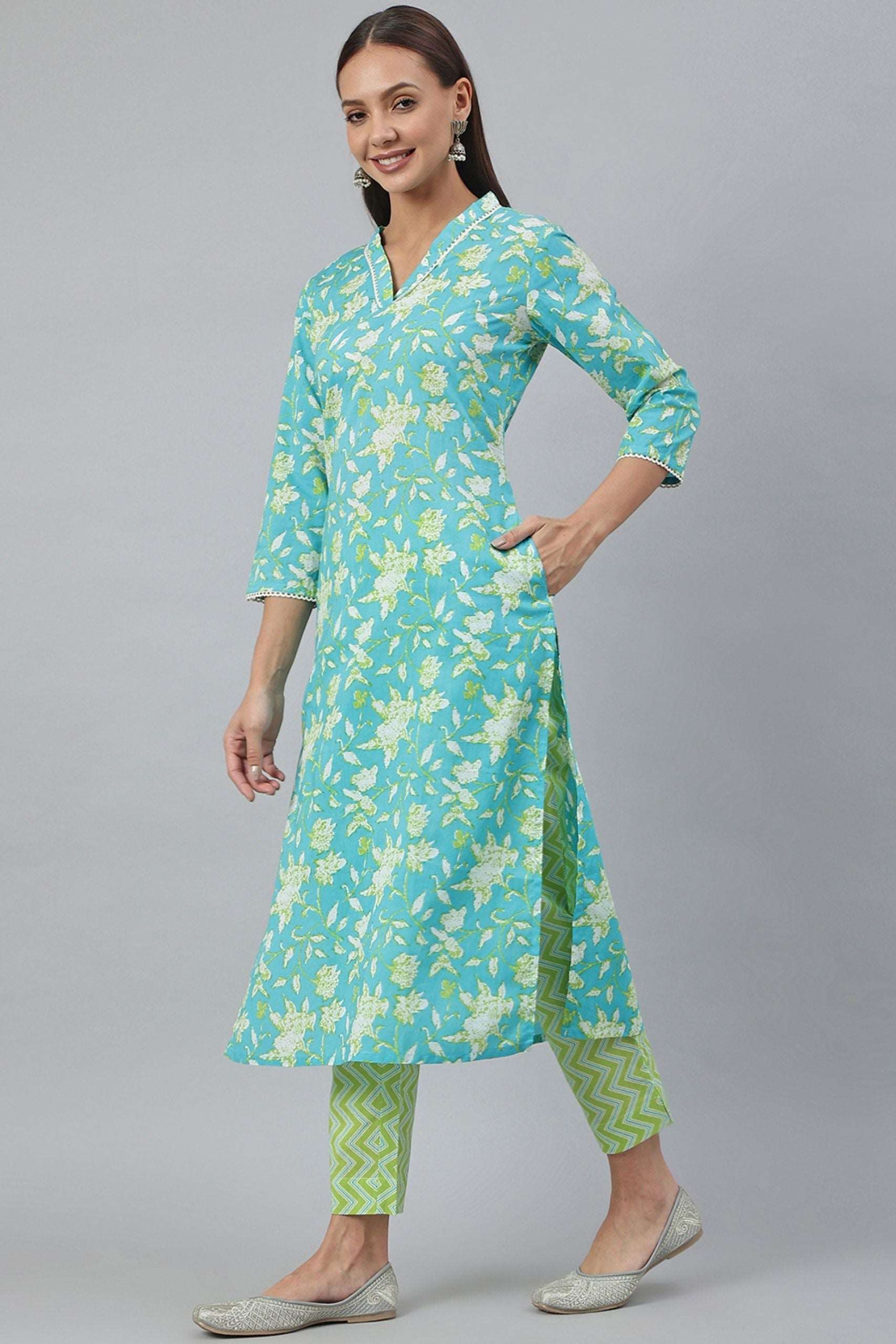 Turquoise Green Cotton Flex Kurta With Pant - Style Like A Diva