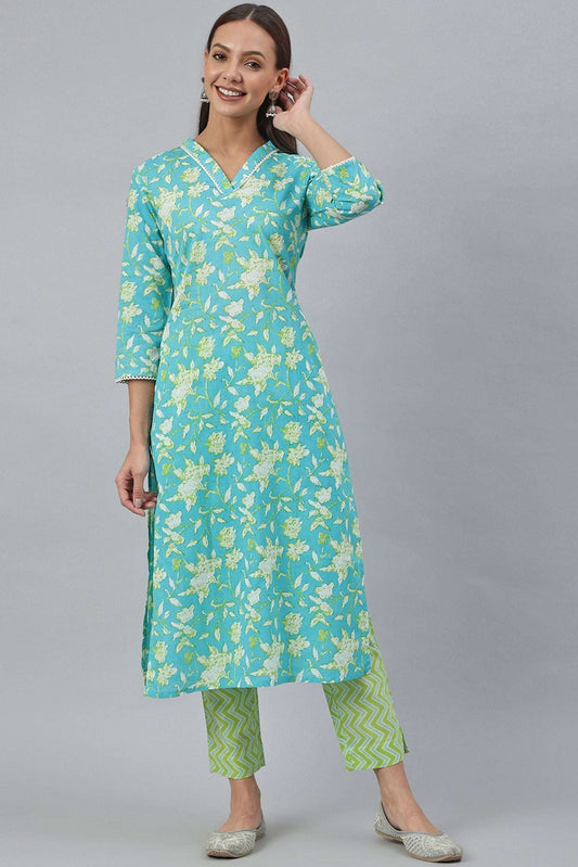 Turquoise Green Cotton Flex Kurta With Pant - Style Like A Diva