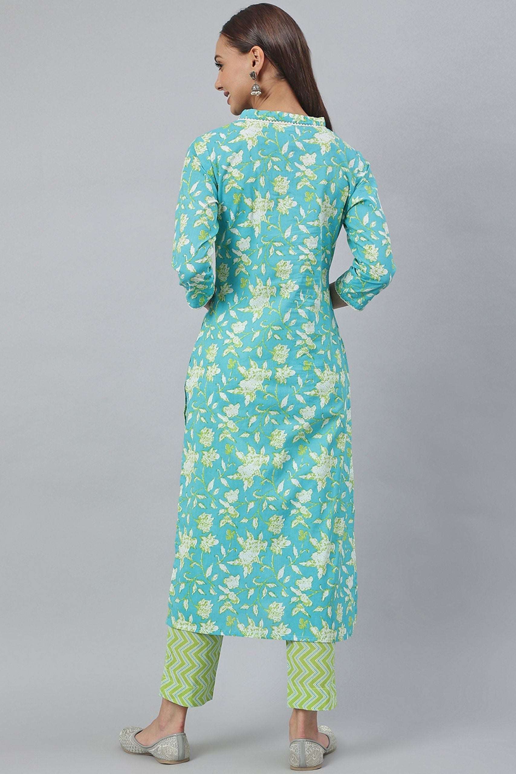 Turquoise Green Cotton Flex Kurta With Pant - Style Like A Diva