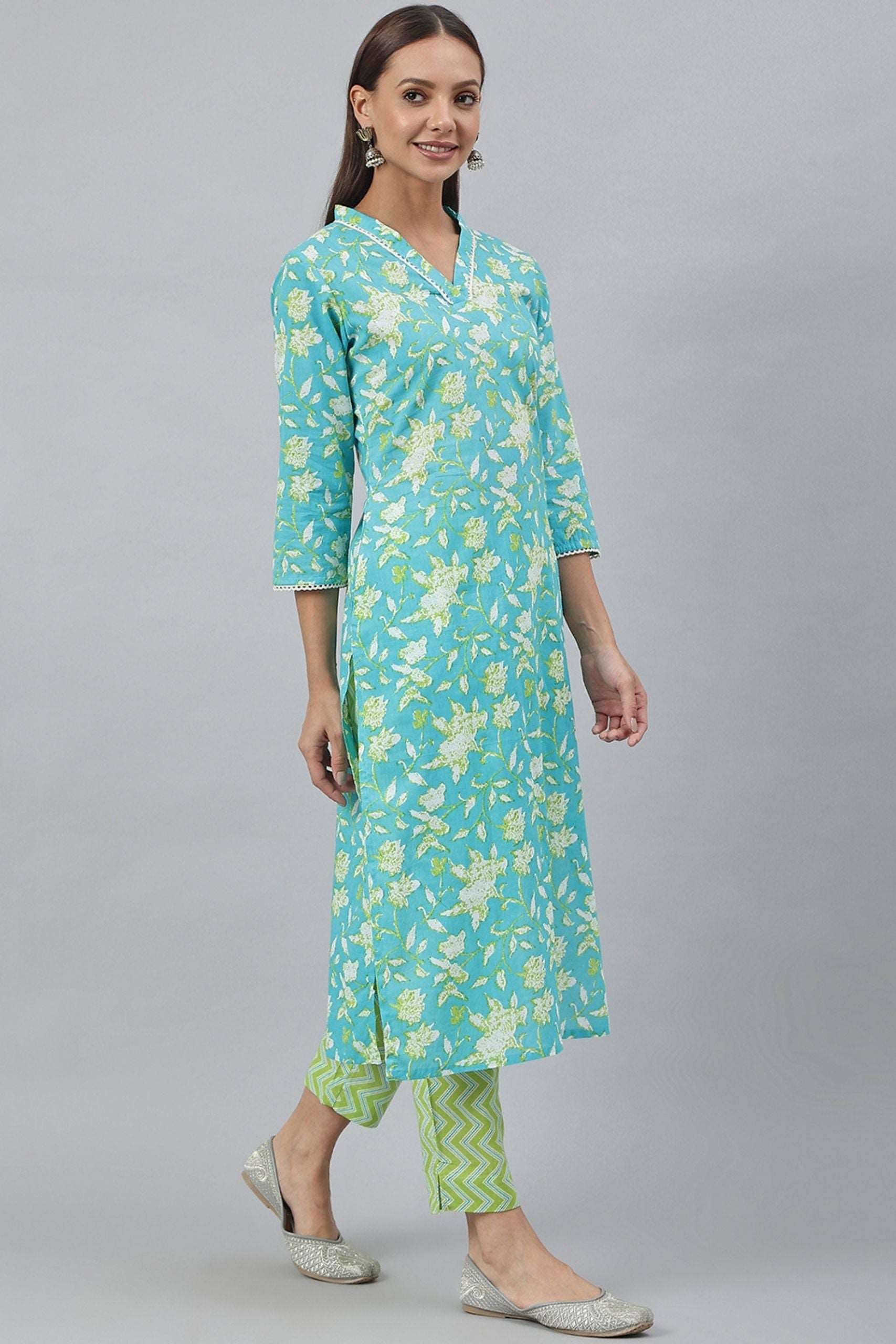 Turquoise Green Cotton Flex Kurta With Pant - Style Like A Diva