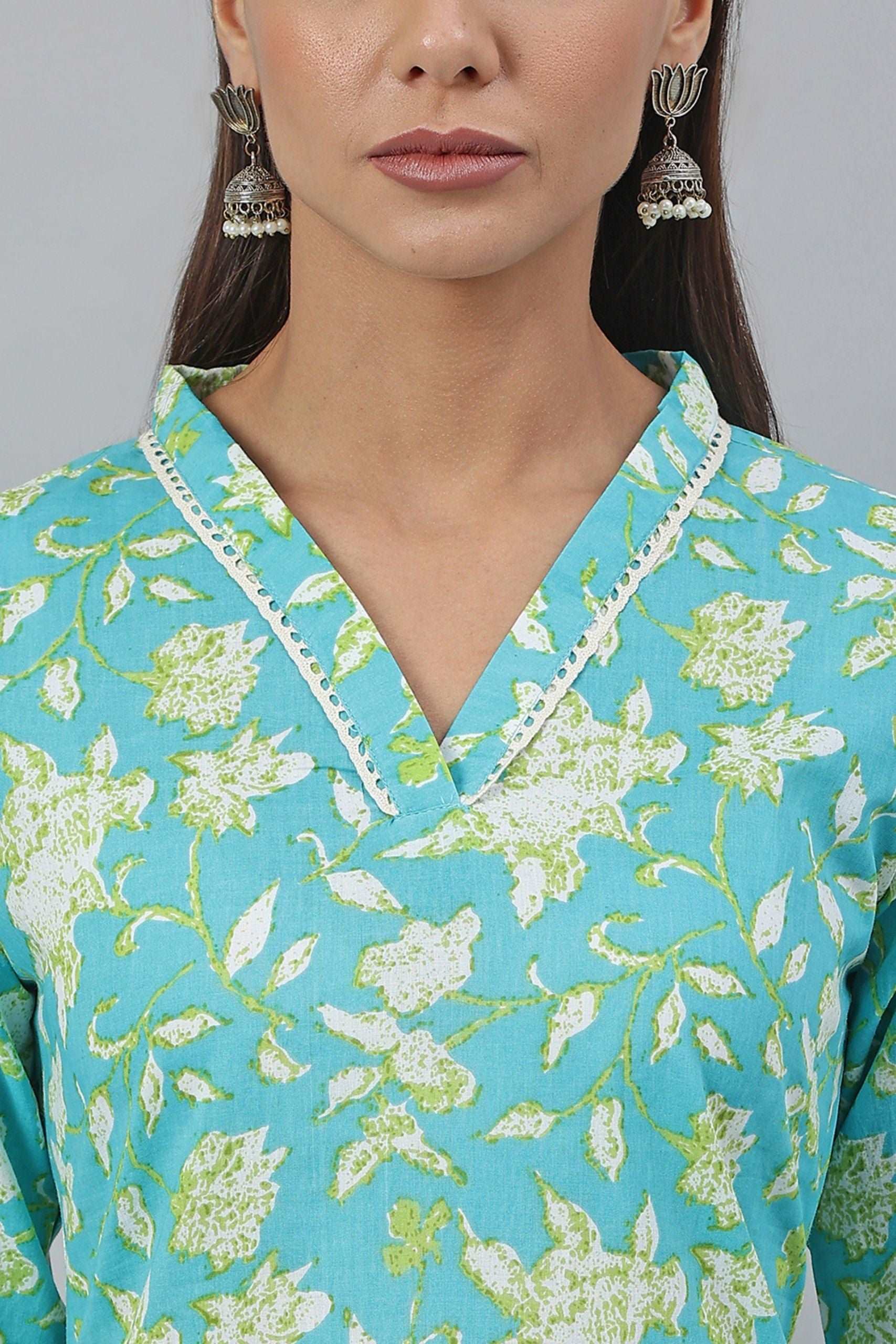 Turquoise Green Cotton Flex Kurta With Pant - Style Like A Diva