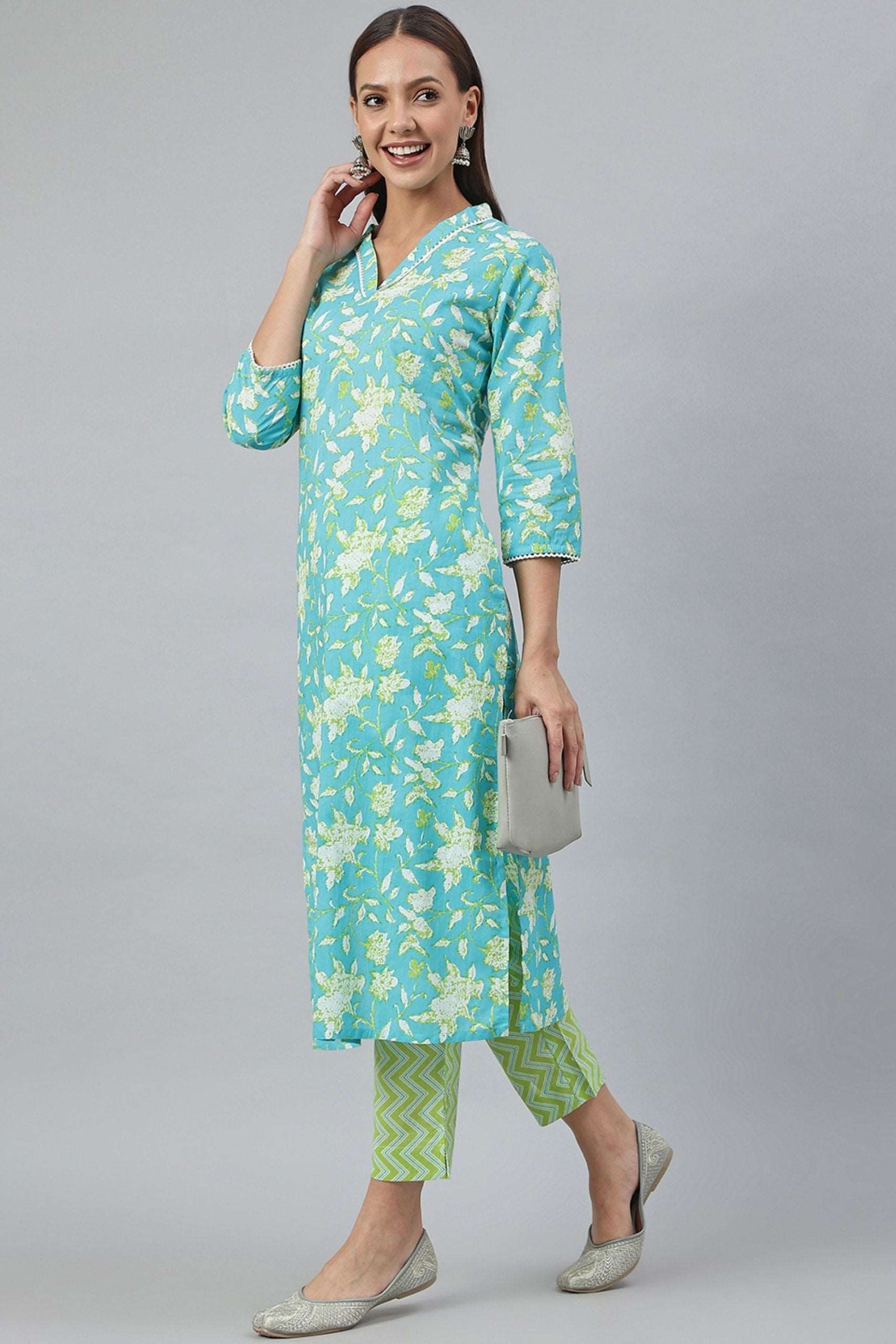 Turquoise Green Cotton Flex Kurta With Pant - Style Like A Diva