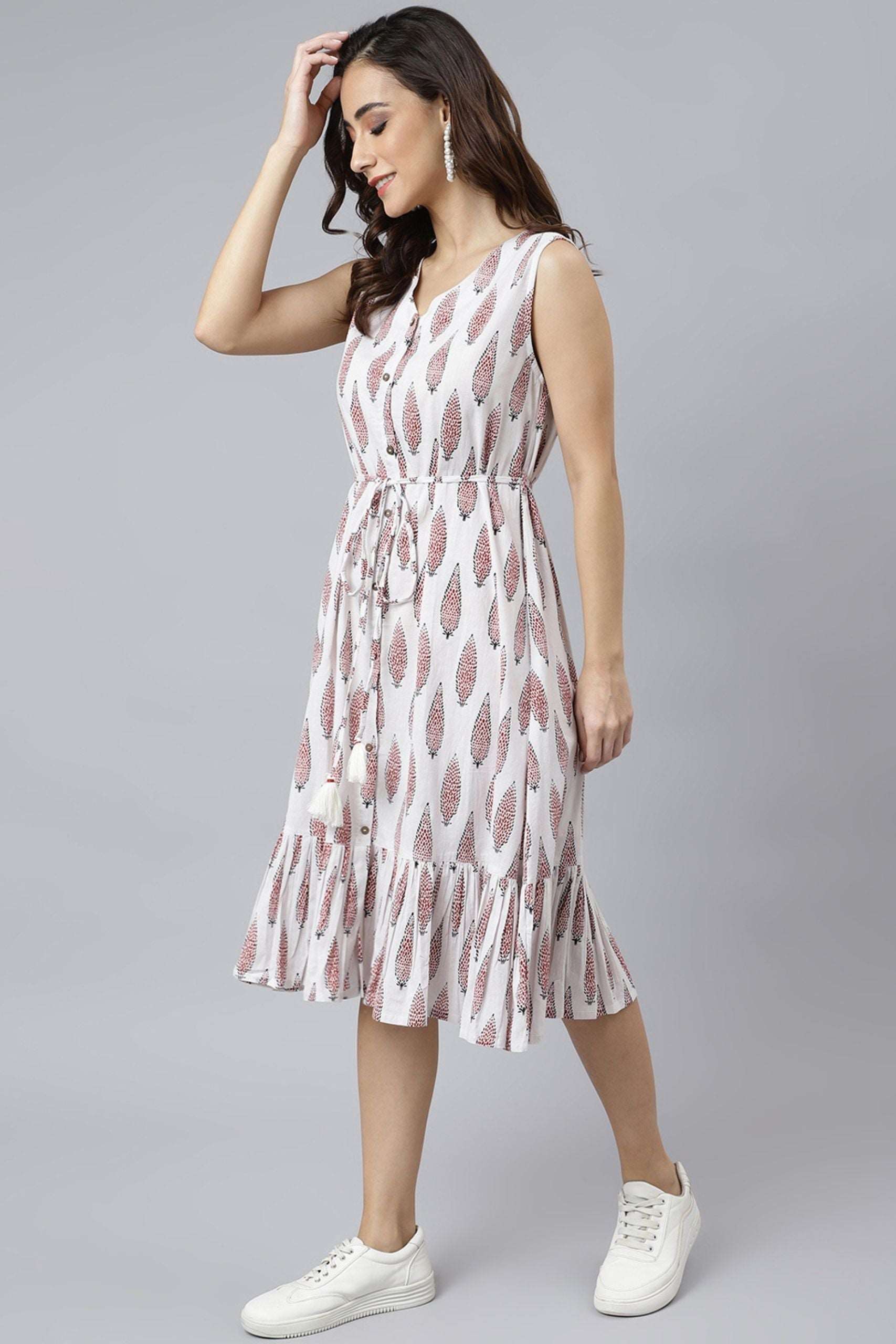 White Cotton Ethnic Motifs Flared Western Dress - Style Like A Diva