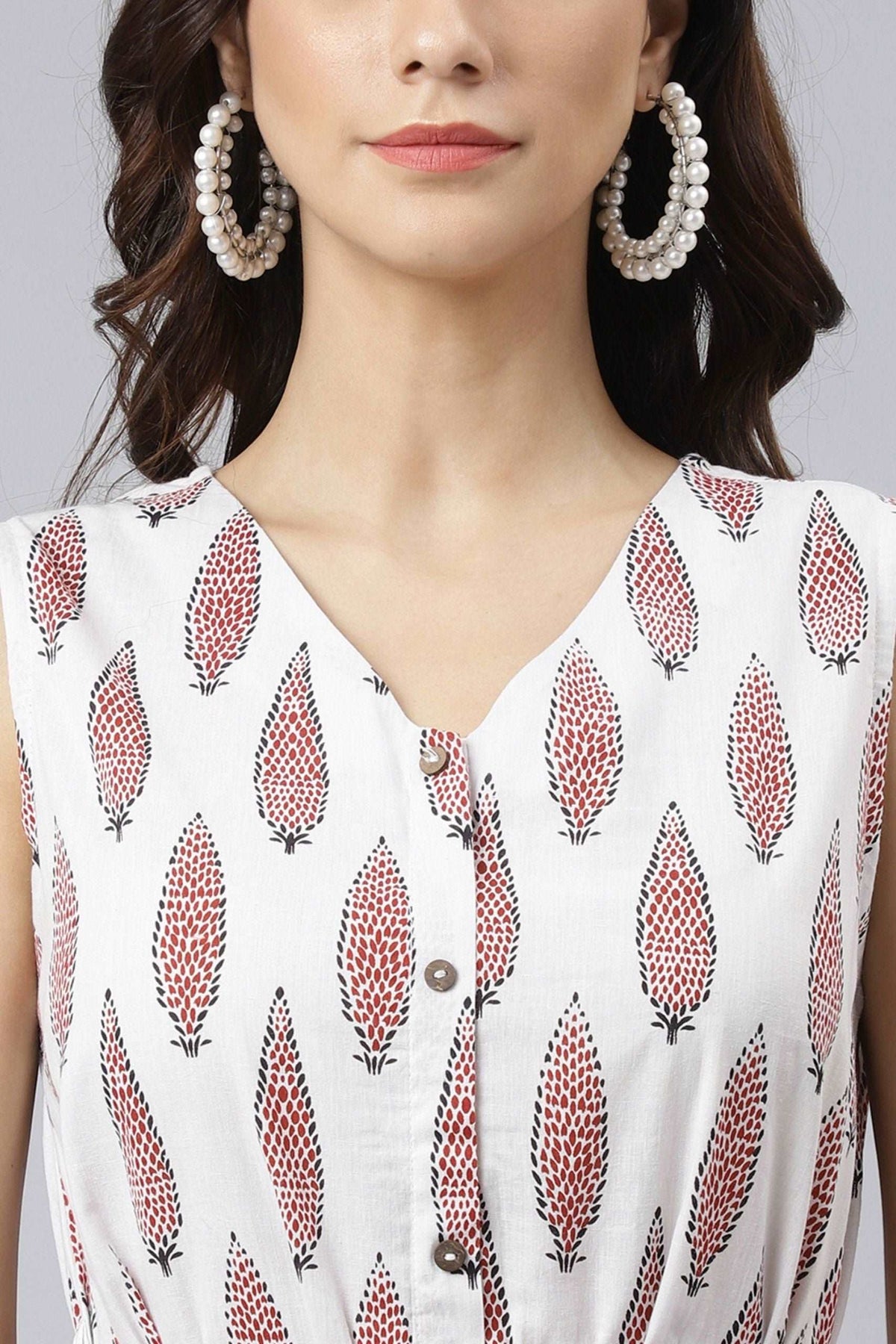 White Cotton Ethnic Motifs Flared Western Dress - Style Like A Diva