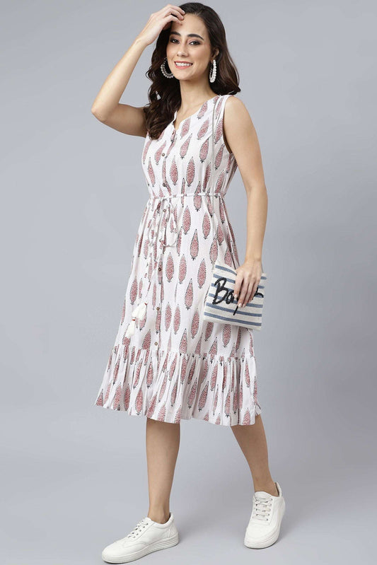 White Cotton Ethnic Motifs Flared Western Dress - Style Like A Diva