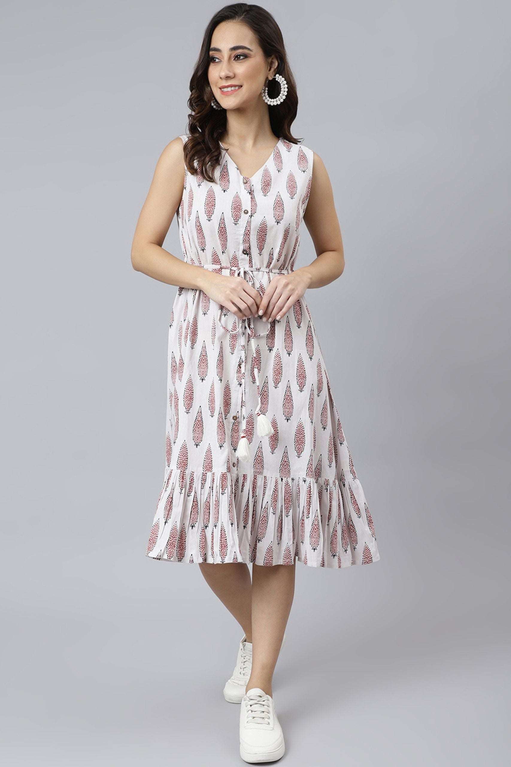 White Cotton Ethnic Motifs Flared Western Dress - Style Like A Diva