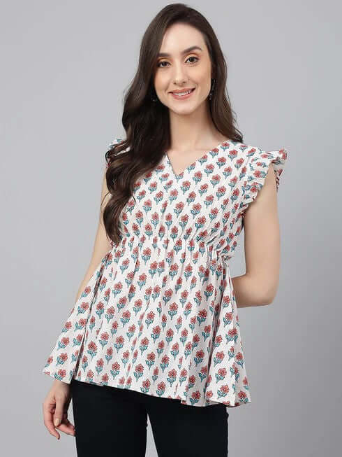 WHITE COTTON FLORAL PRINT FLARED TOP - Style Like A Diva