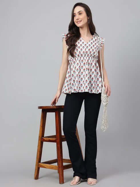 WHITE COTTON FLORAL PRINT FLARED TOP - Style Like A Diva