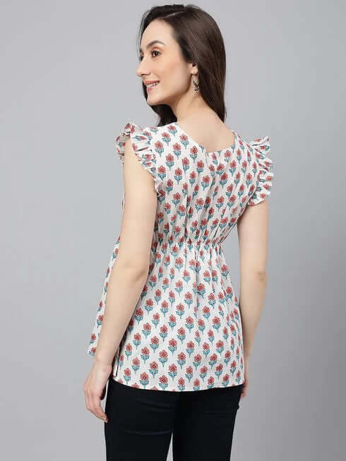 WHITE COTTON FLORAL PRINT FLARED TOP - Style Like A Diva