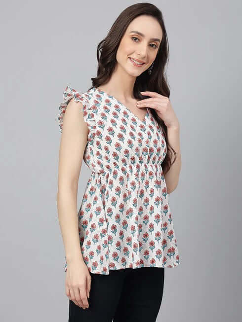 WHITE COTTON FLORAL PRINT FLARED TOP - Style Like A Diva