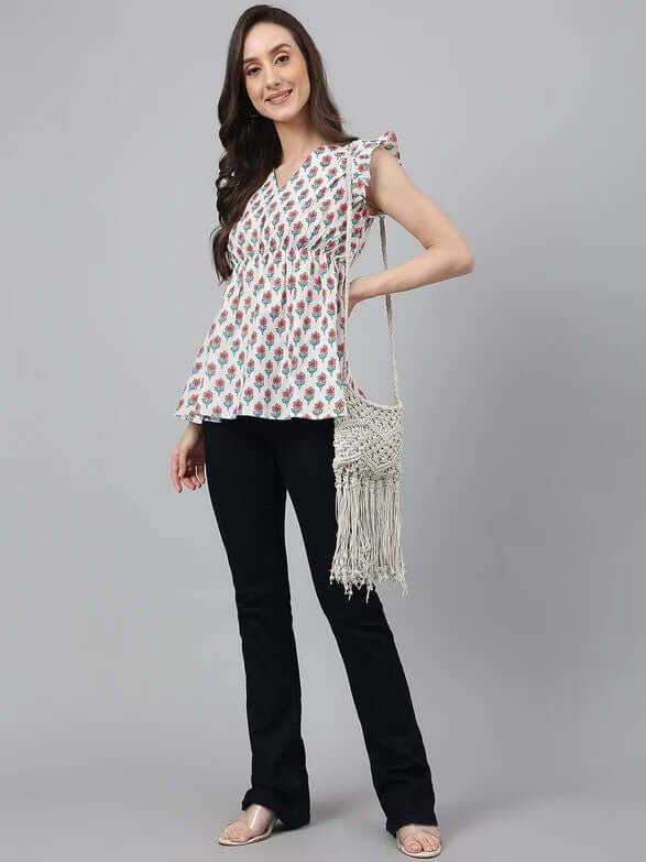 WHITE COTTON FLORAL PRINT FLARED TOP - Style Like A Diva