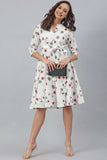 White Cotton Floral Print Flared Western Dress - Style Like A Diva