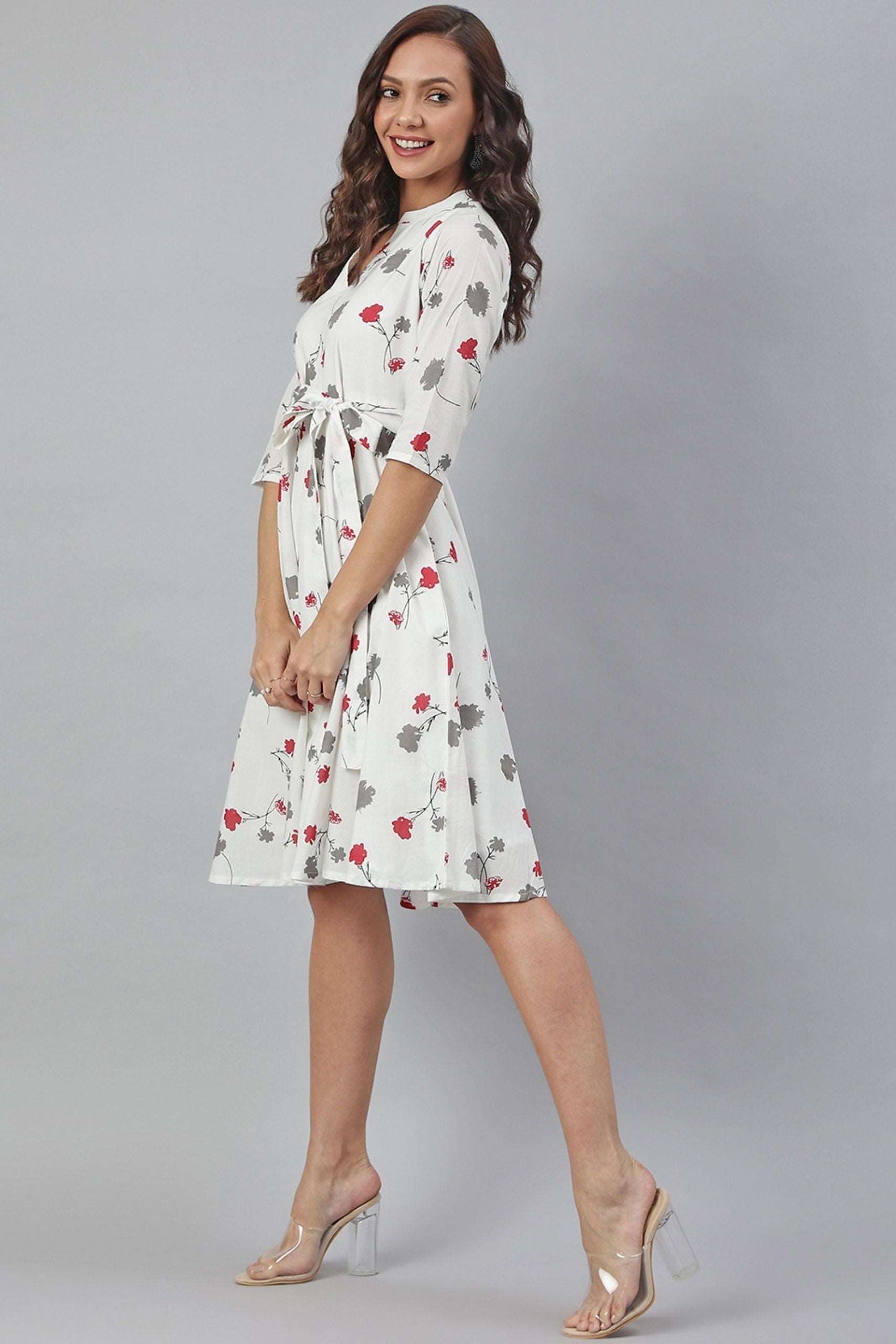 White Cotton Floral Print Flared Western Dress - Main Image