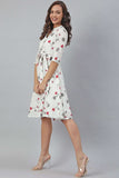 White Cotton Floral Print Flared Western Dress - Style Like A Diva