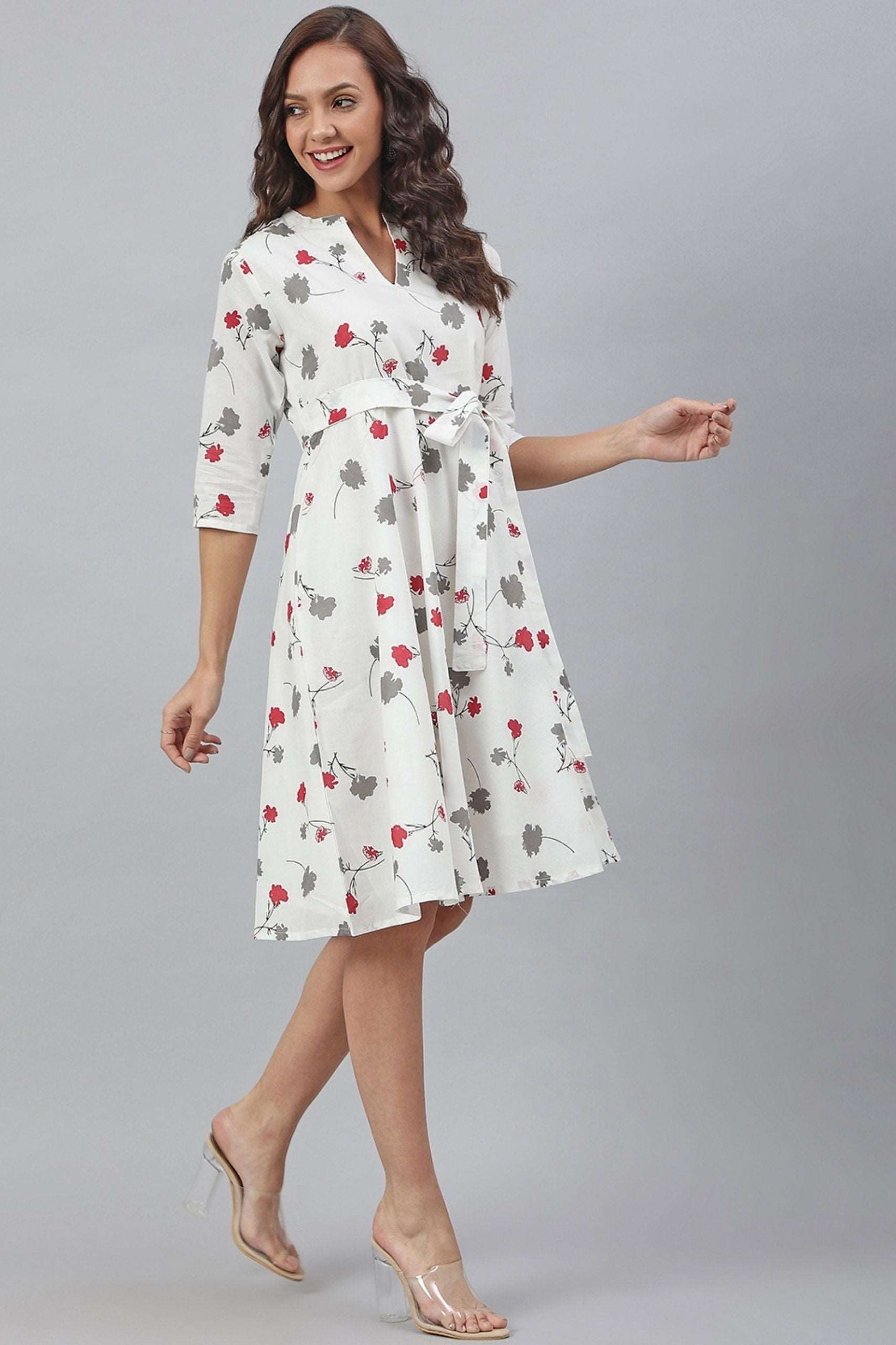 White Cotton Floral Print Flared Western Dress - Style Like A Diva