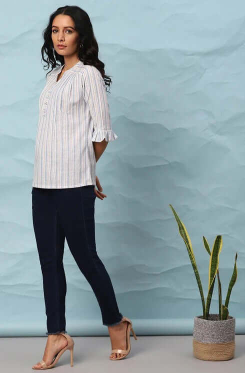 White Cotton Slub Striped Straight Top - Style Like A Diva