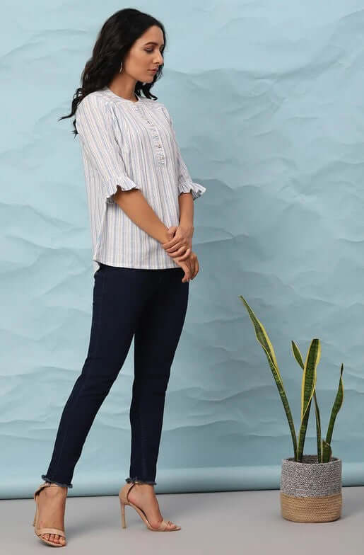 White Cotton Slub Striped Straight Top - Style Like A Diva