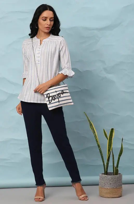 White Cotton Slub Striped Straight Top - Style Like A Diva