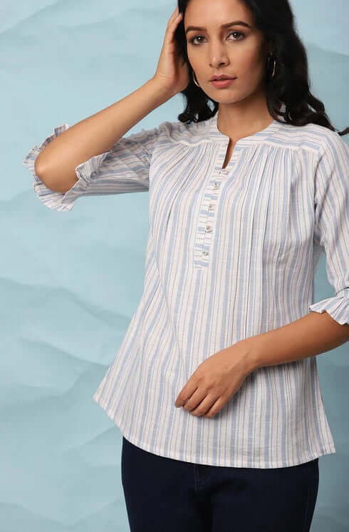 White Cotton Slub Striped Straight Top - Style Like A Diva