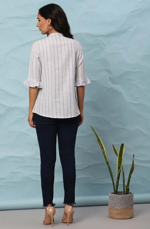 White Cotton Slub Striped Straight Top - Style Like A Diva