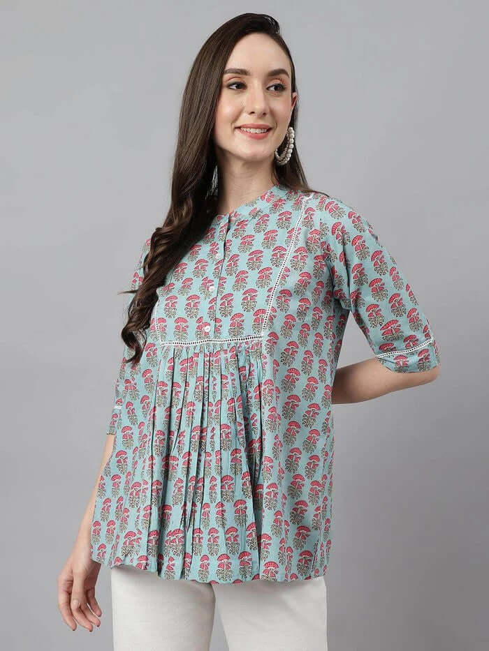 WOMEN'S AQUA BLUE COTTON BLOCK PRINT A - LINE TOP - Style Like A Diva