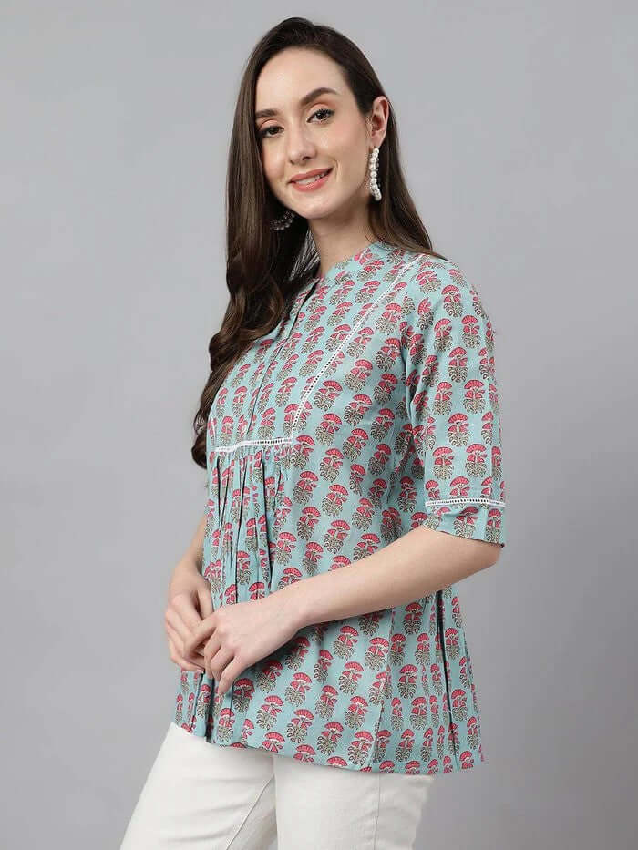 WOMEN'S AQUA BLUE COTTON BLOCK PRINT A - LINE TOP - Style Like A Diva