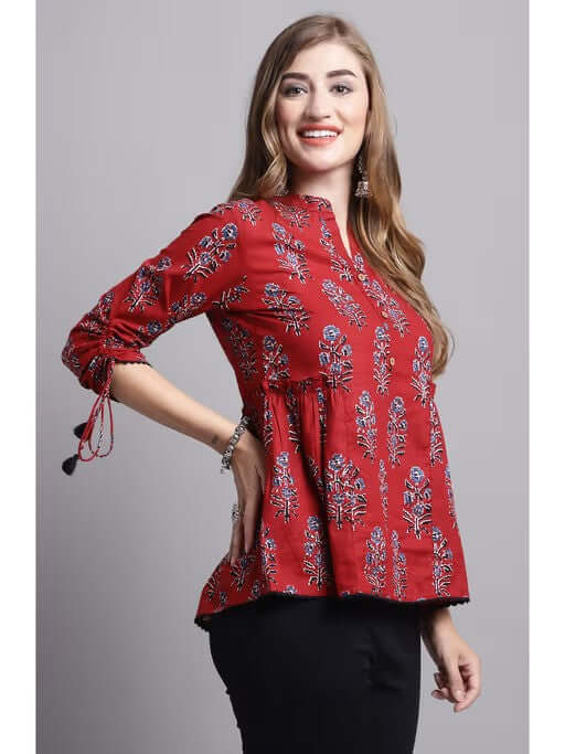 Womens Pure Cotton Maroon Jaipuri Printed Top - Style Like A Diva