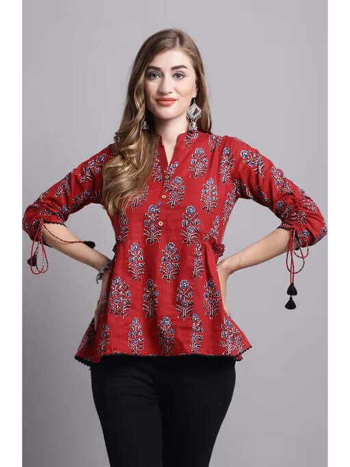 Womens Pure Cotton Maroon Jaipuri Printed Top - Style Like A Diva