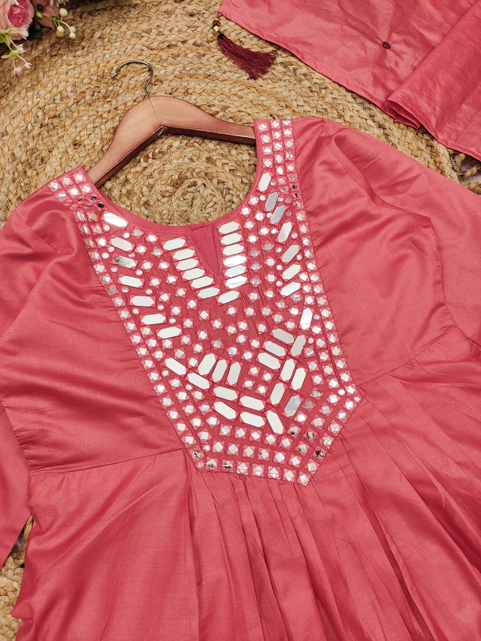 Bright peach mirror work suit