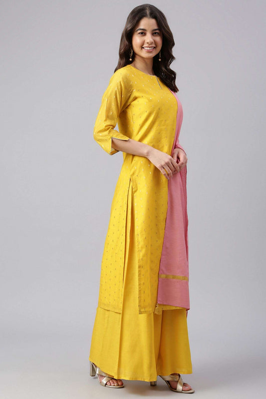 Yellow Chanderi Silk Woven 3 Piece Set - Style Like A Diva