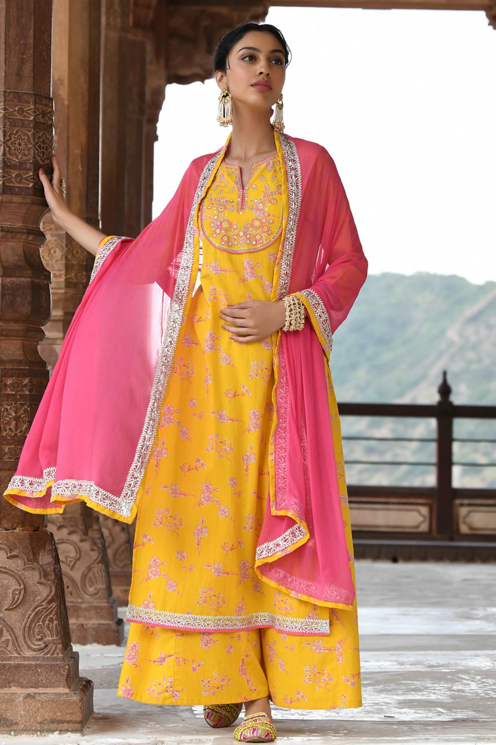 Yellow Cotton Embroidered 3 Piece Set - Style Like A Diva