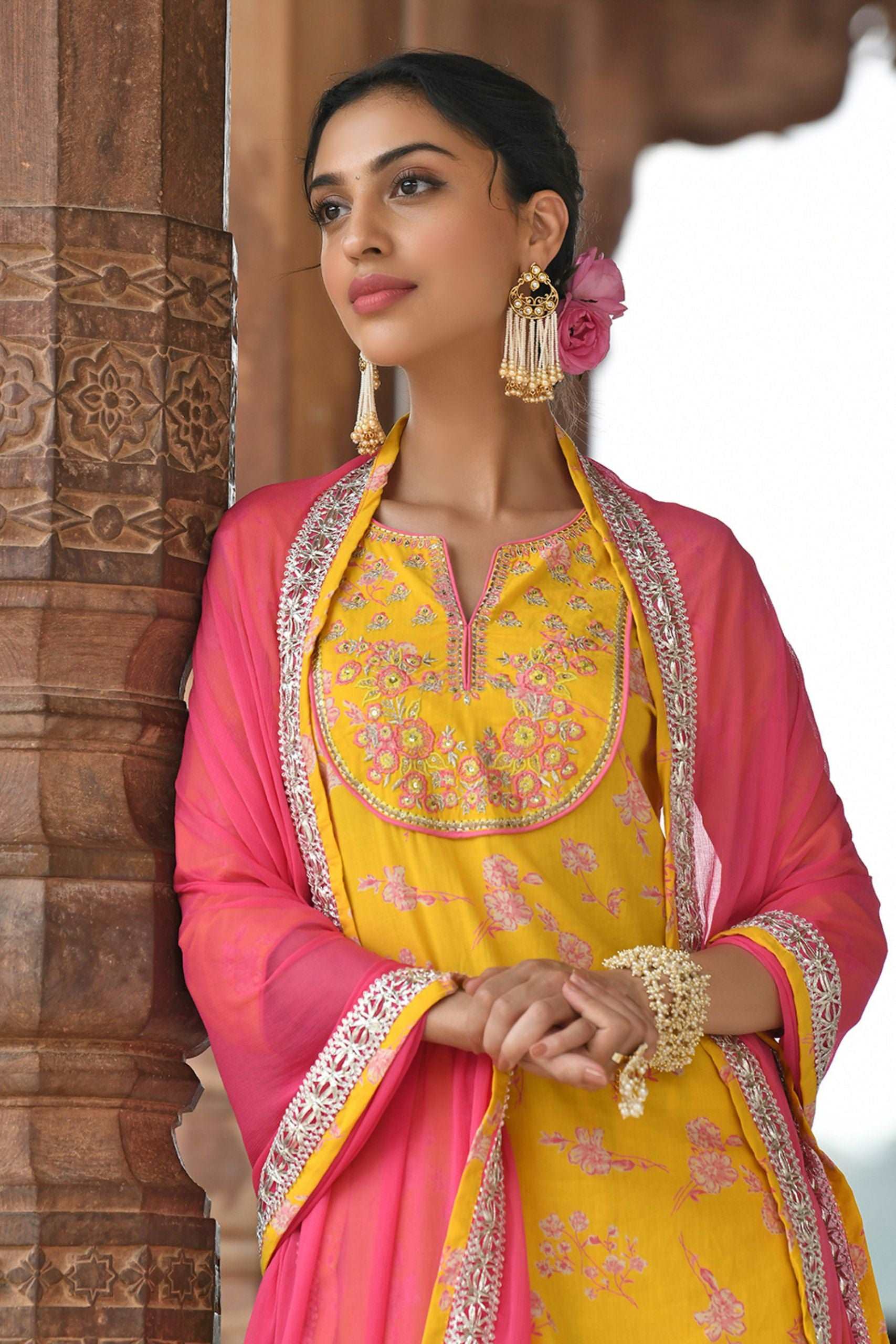 Yellow Cotton Embroidered 3 Piece Set - Style Like A Diva