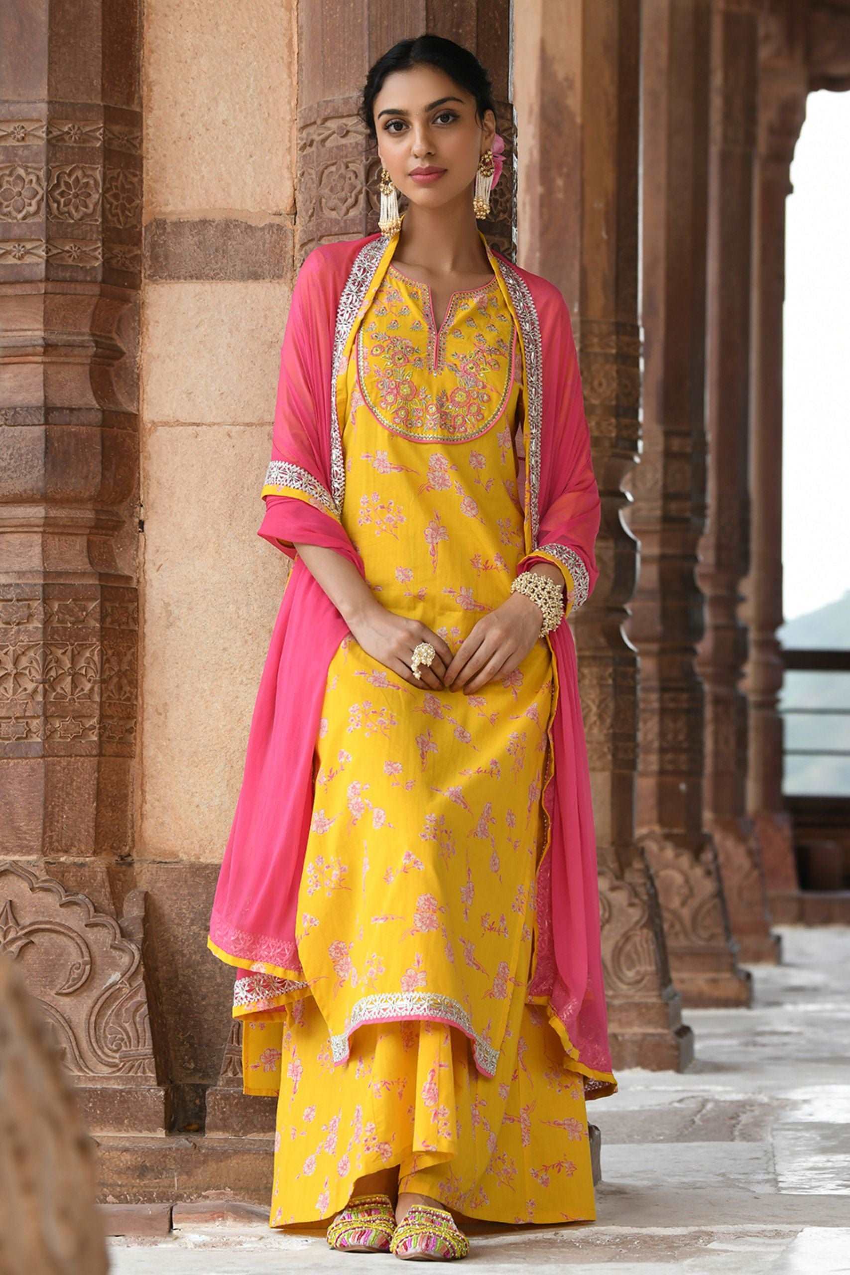 Yellow Cotton Embroidered 3 Piece Set - Style Like A Diva