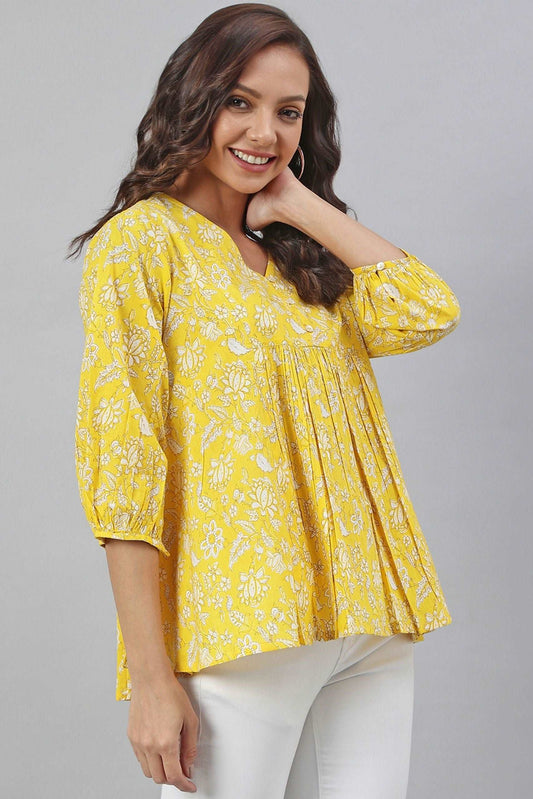 Yellow Cotton Floral Print Casual Puff Sleeve - Style Like A Diva