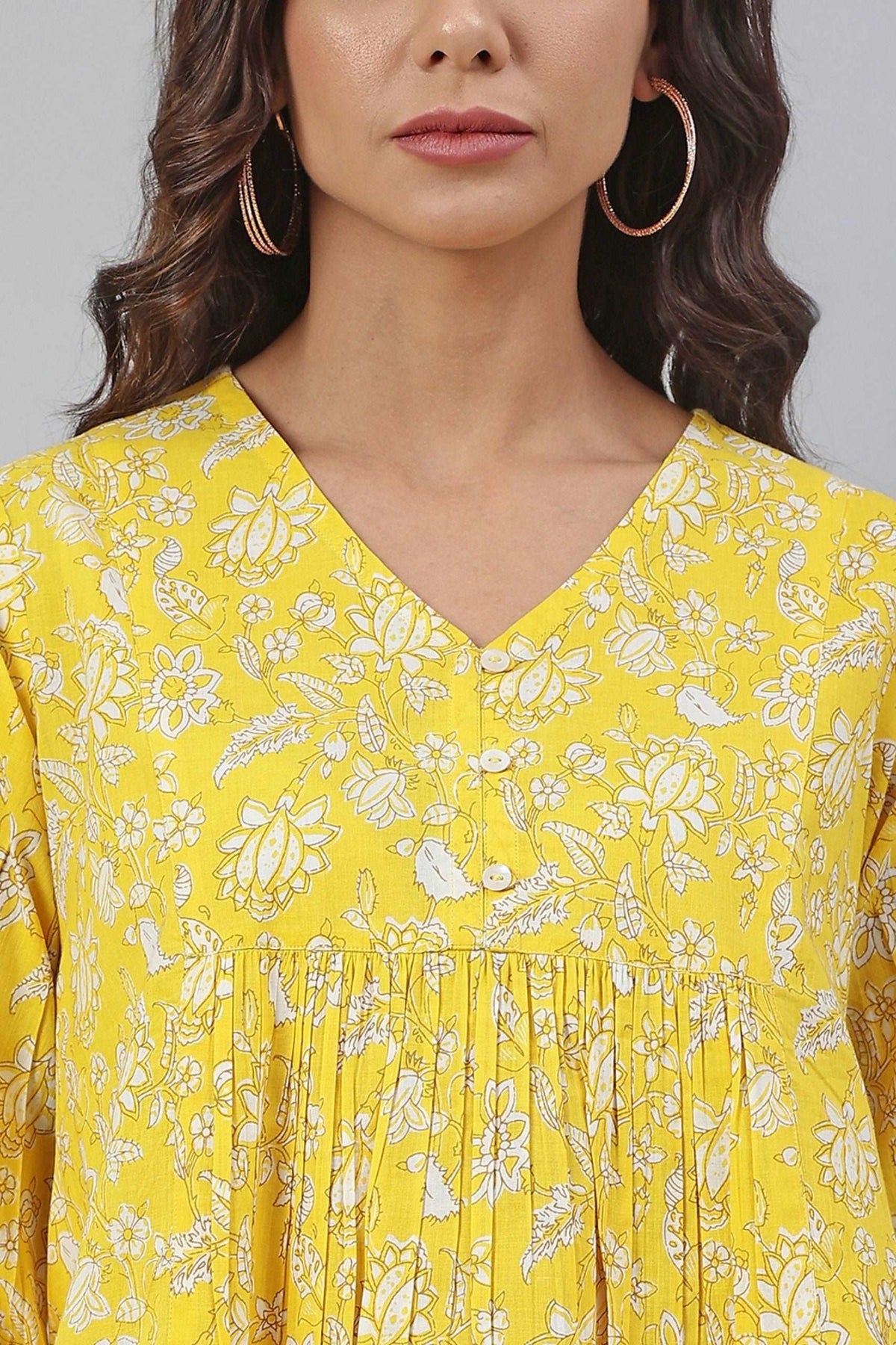 Yellow Cotton Floral Print Casual Puff Sleeve - Style Like A Diva