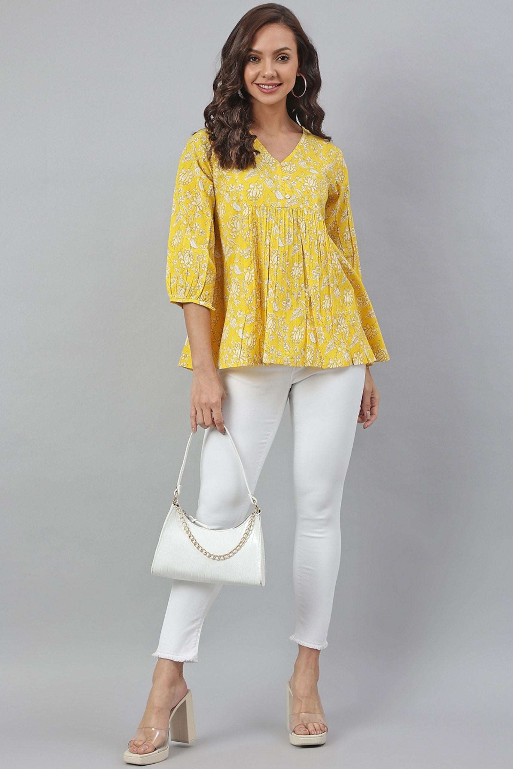 Yellow Cotton Floral Print Casual Puff Sleeve - Style Like A Diva