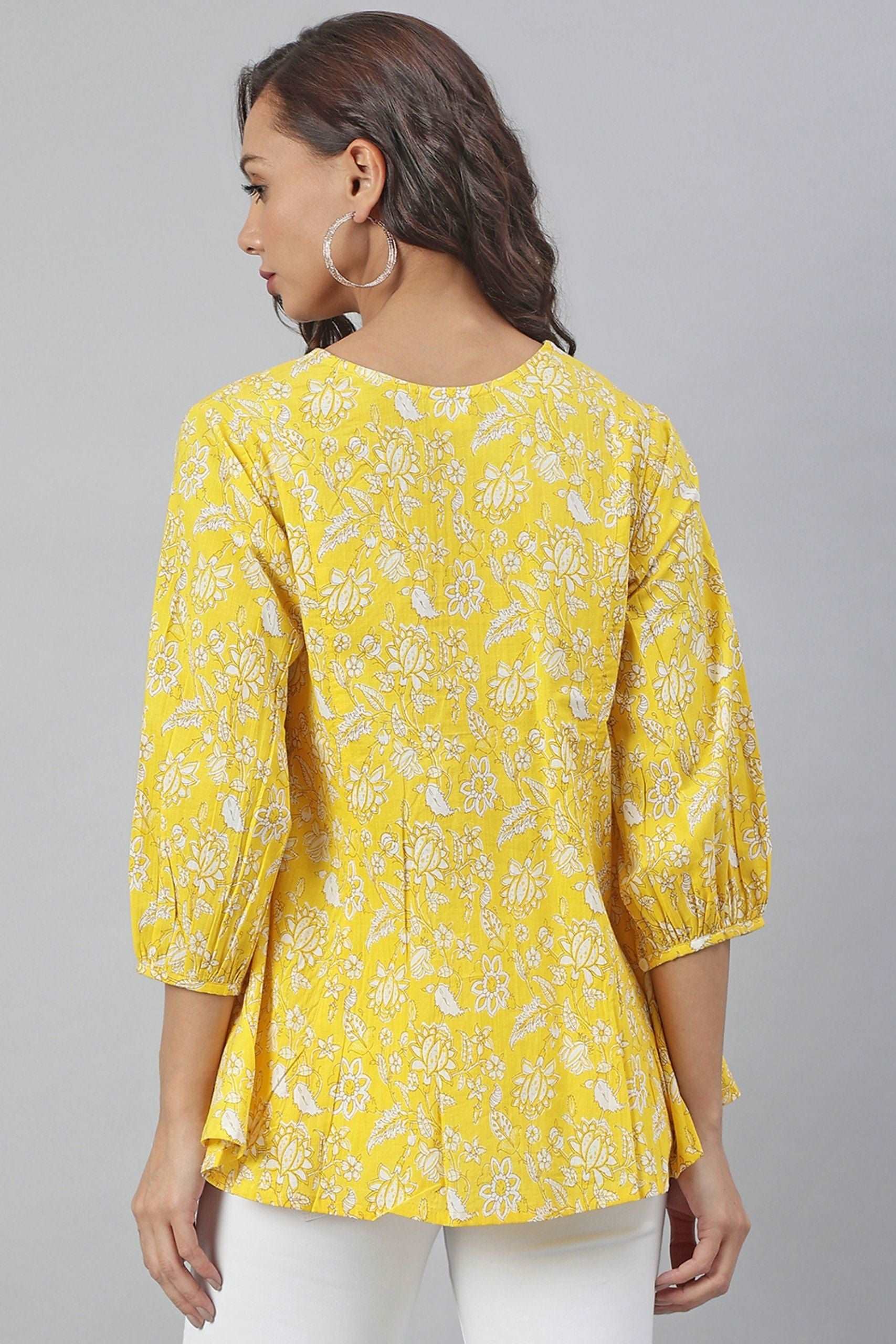 Yellow Cotton Floral Print Casual Puff Sleeve - Style Like A Diva