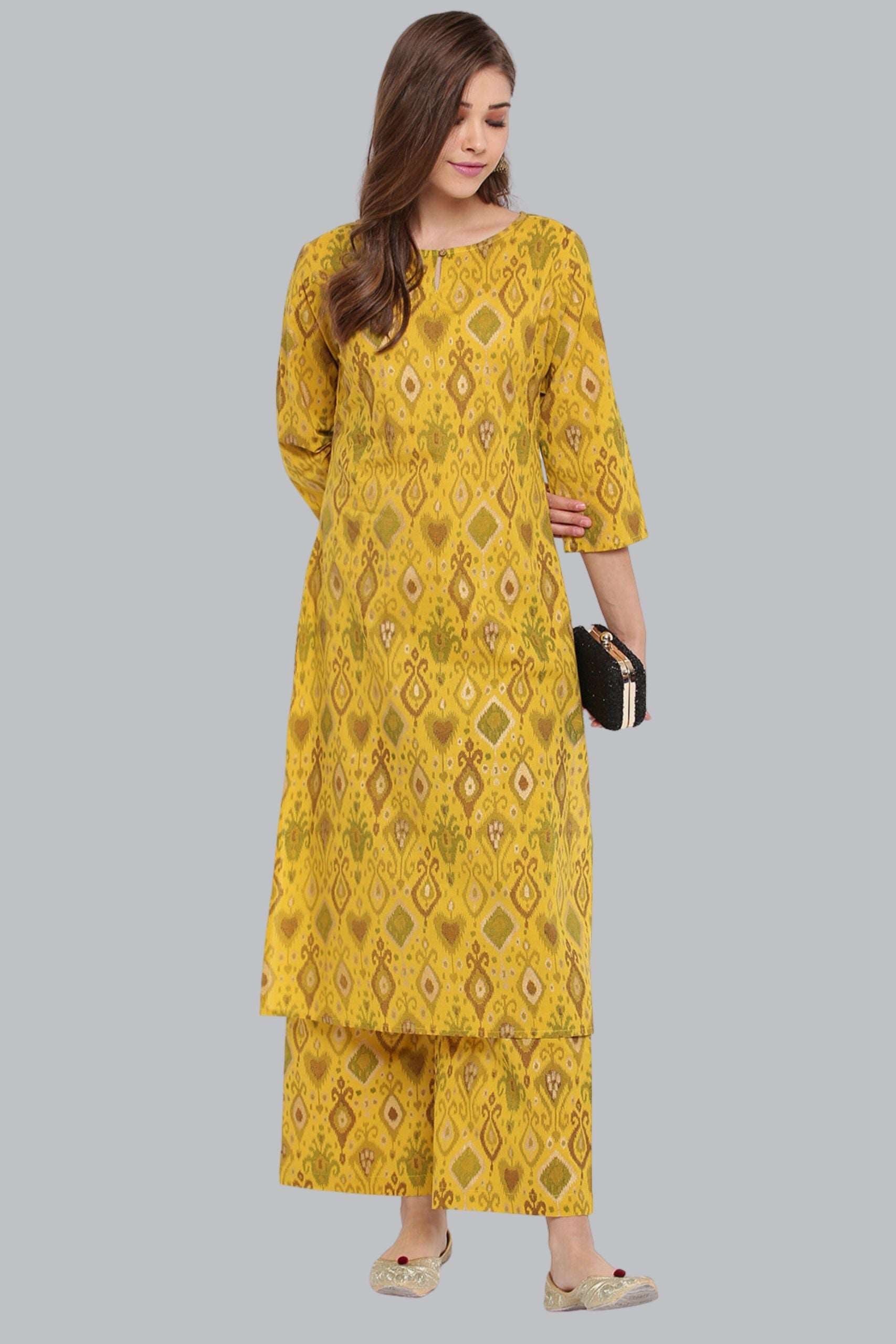 Yellow Cotton Ikkat Kurta With Palazzo - Style Like A Diva