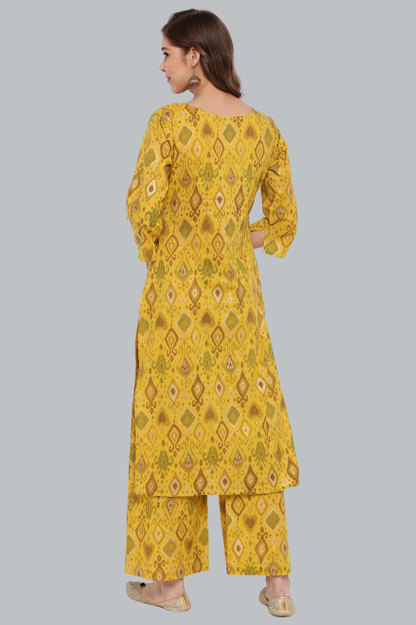 Yellow Cotton Ikkat Kurta With Palazzo - Style Like A Diva