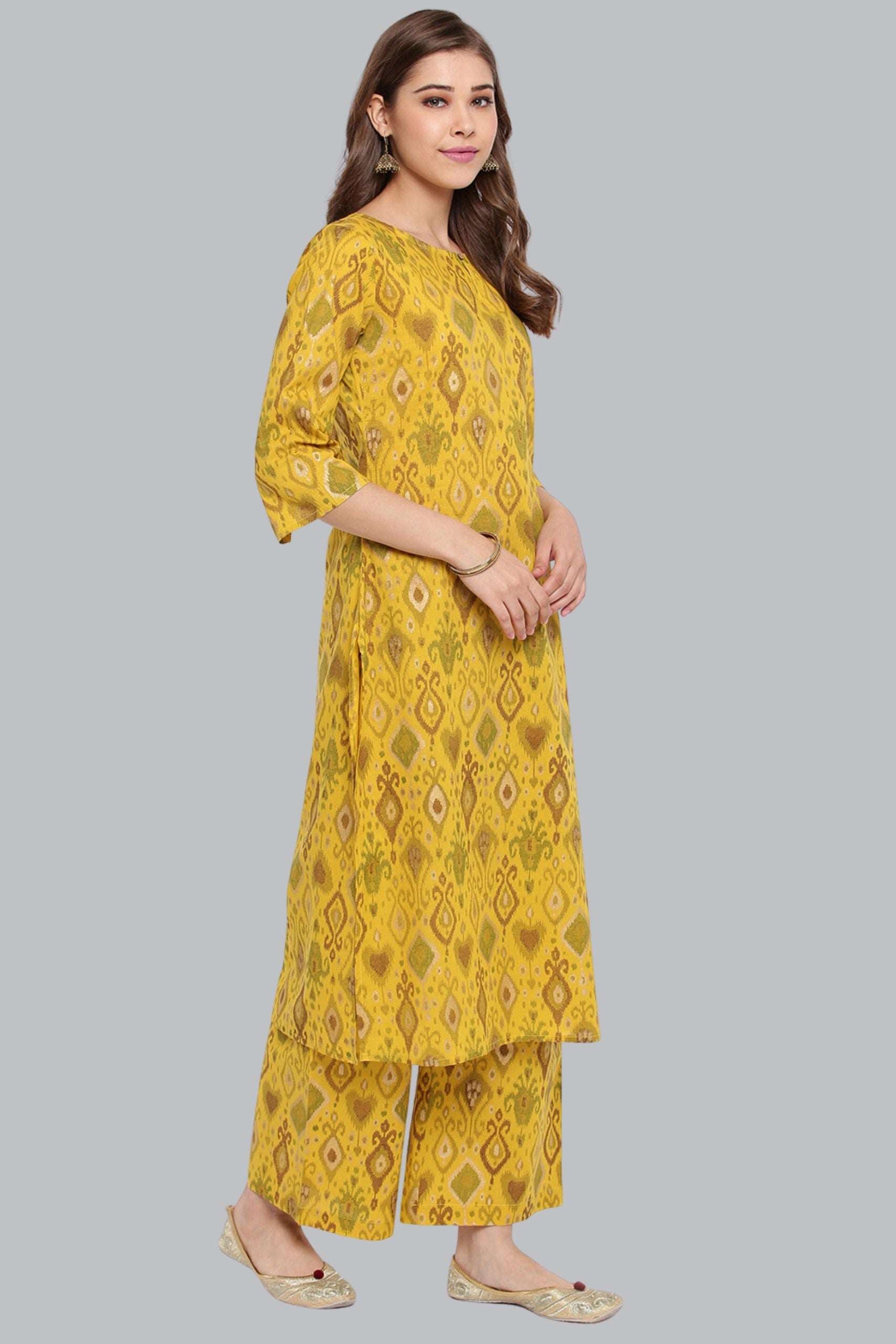 Yellow Cotton Ikkat Kurta With Palazzo - Style Like A Diva