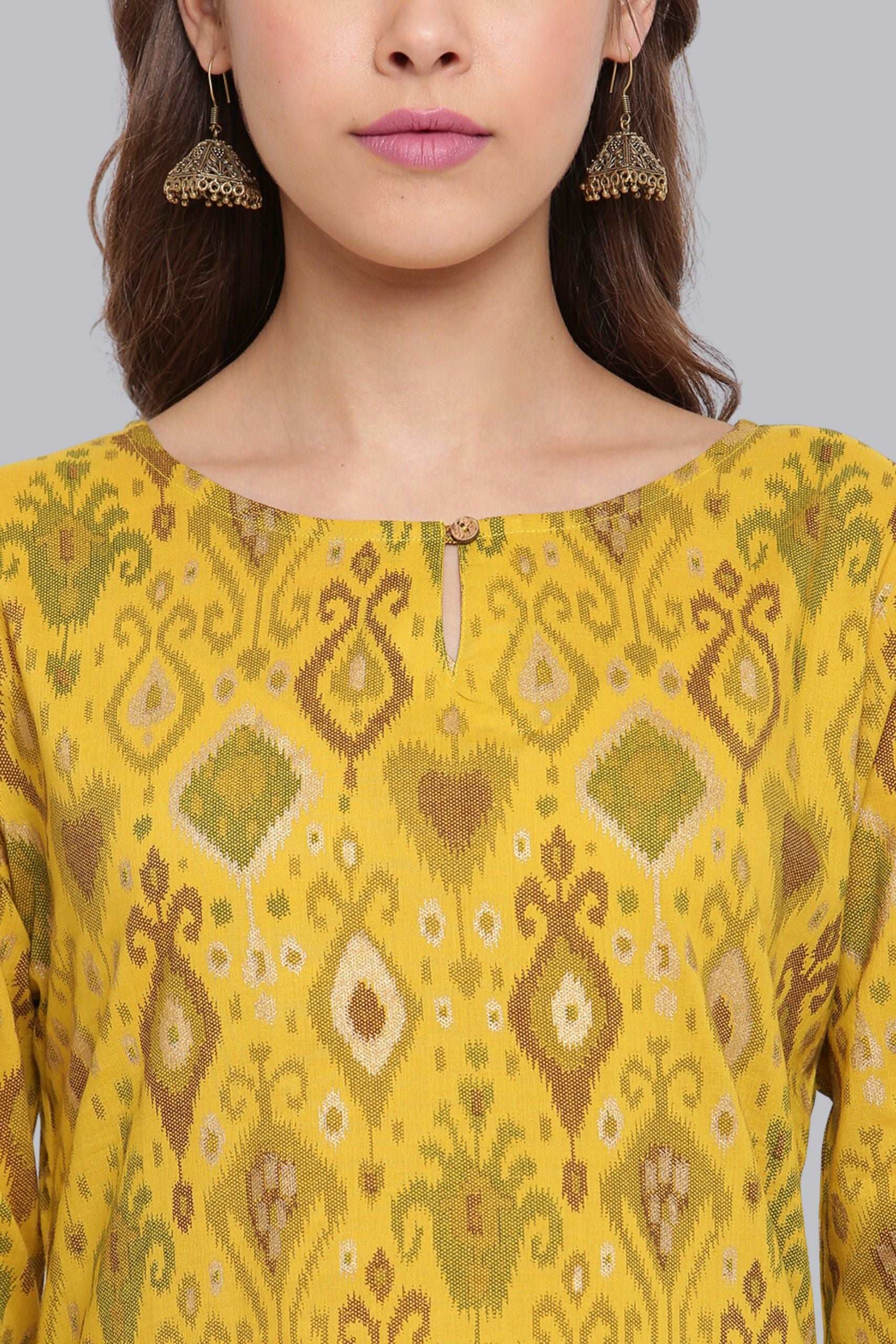 Yellow Cotton Ikkat Kurta With Palazzo - Style Like A Diva