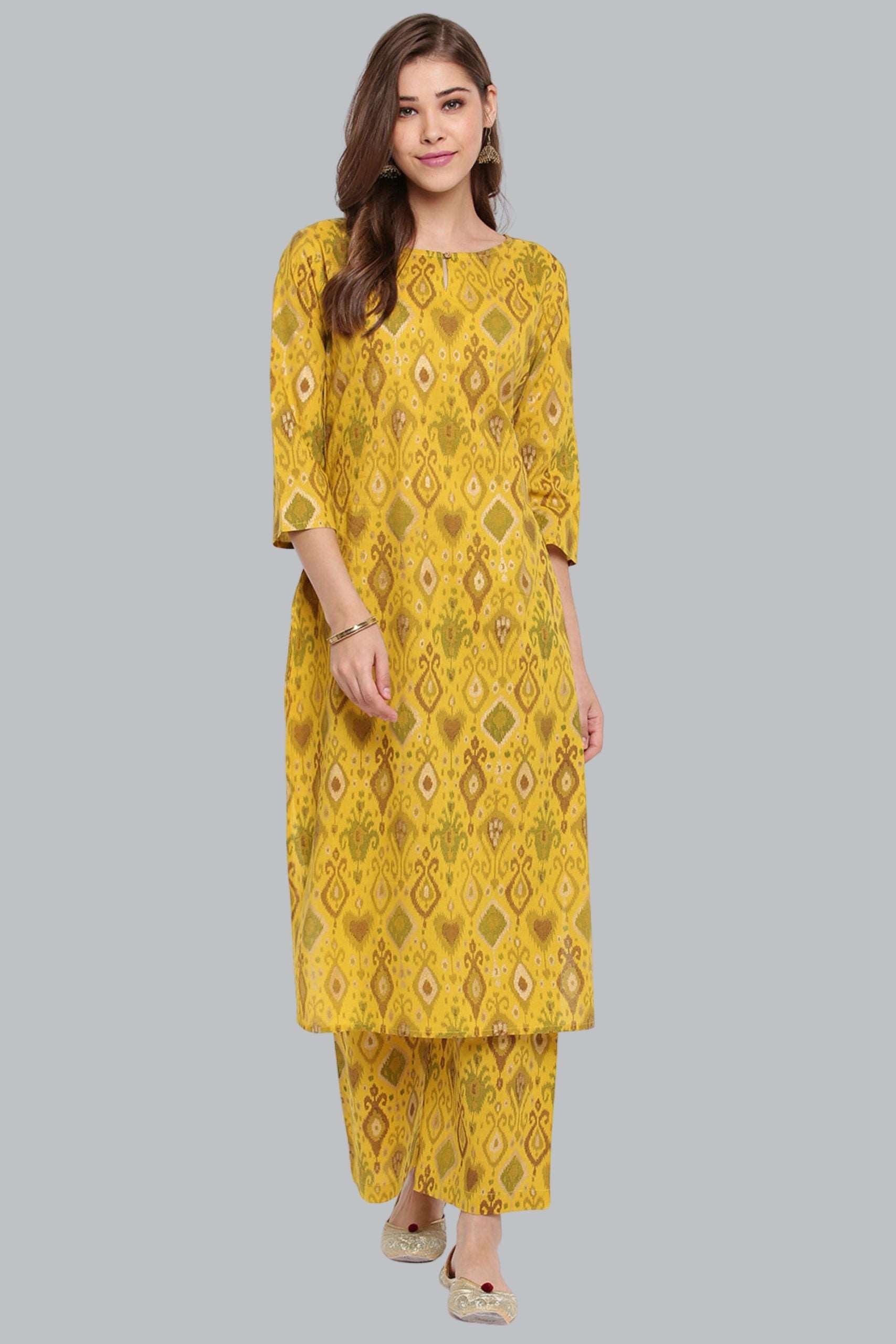 Yellow Cotton Ikkat Kurta With Palazzo - Style Like A Diva