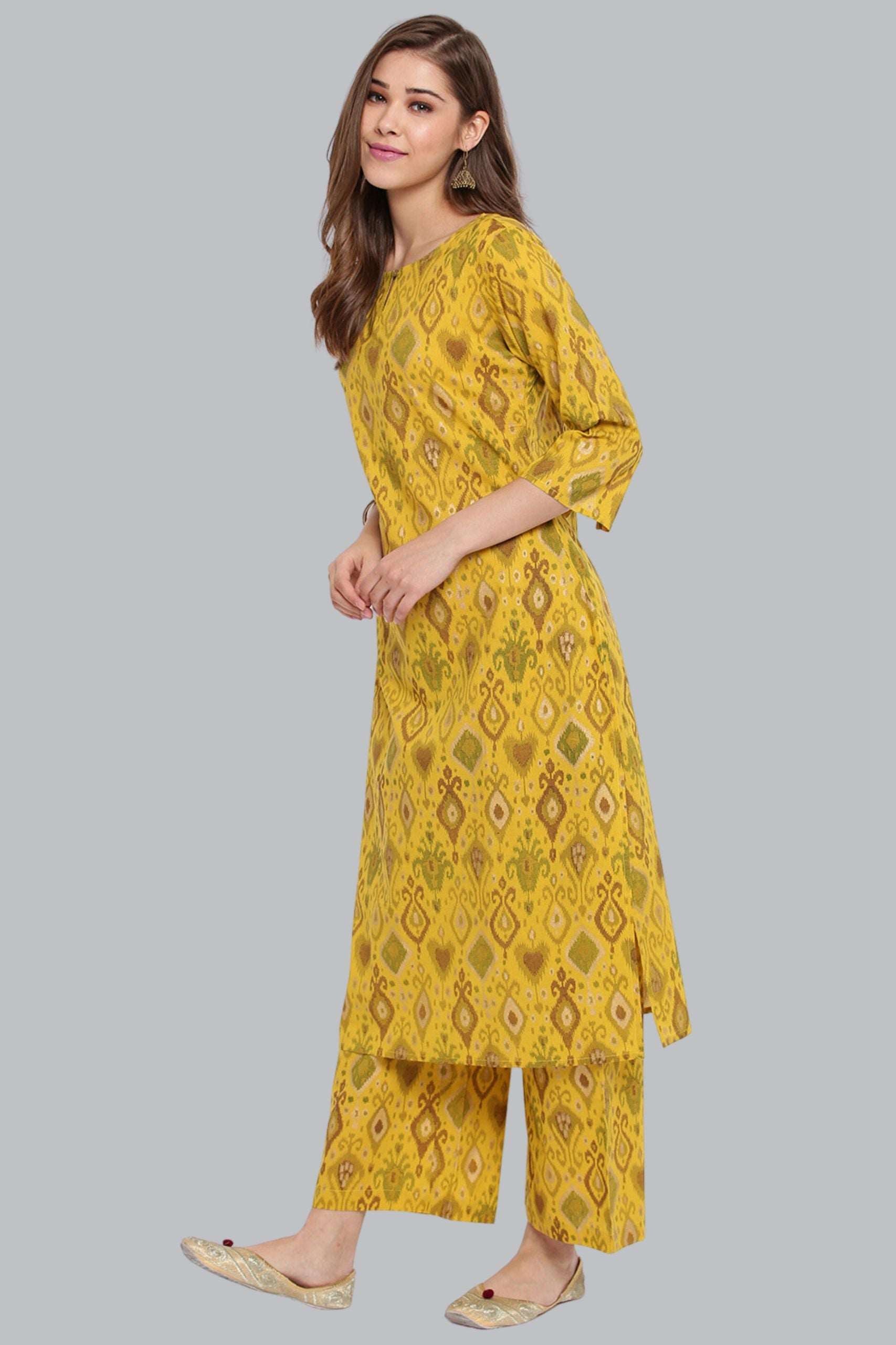 Yellow Cotton Ikkat Kurta With Palazzo - Style Like A Diva