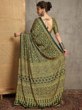 Elegant Handcrafted Gajji Silk Saree in Deep Green with Mustard Ajrakh Print