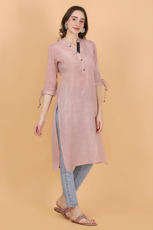 PINK STRIPES Chanderi Jacquard Fabric Kurti One Piece Comfortable Summer Wear - Style Like A Diva